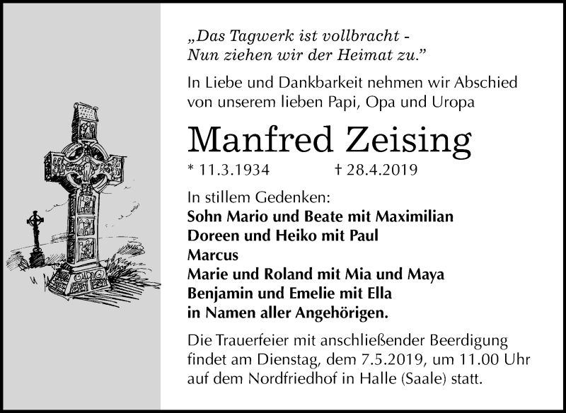  Traueranzeige für Manfred Zeising vom 04.05.2019 aus Mitteldeutsche Zeitung Halle/Saalkreis