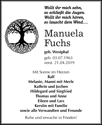 Traueranzeige von Manuela Fuchs von Mitteldeutsche Zeitung Weißenfels