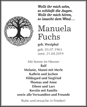 Traueranzeige von Manuela Fuchs von WVG - Wochenspiegel NMB / WSF / ZTZ