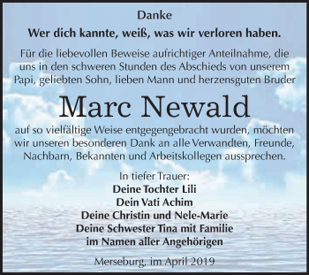 Traueranzeige von Marc Newald von WVG - Wochenspiegel Merseburg