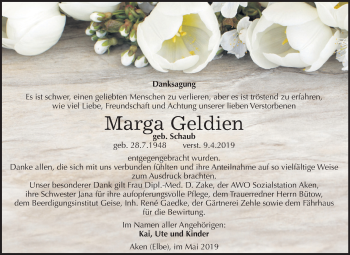 Traueranzeige von Marga Geldien von Mitteldeutsche Zeitung Köthen