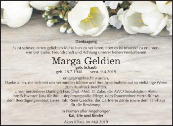 Traueranzeige von Marga Geldien von WVG - Wochenspiegel Dessau / Köthen