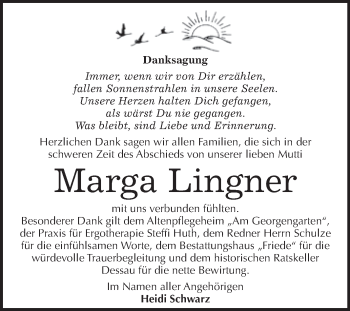 Traueranzeige von Marga Lingner von WVG - Wochenspiegel Bitterfeld