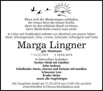 Traueranzeige von Marga Lingner von WVG - Wochenspiegel Dessau / Köthen