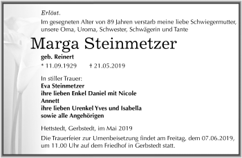 Traueranzeige von Marga Steinmetzer von Mitteldeutsche Zeitung