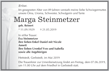 Traueranzeige von Marga Steinmetzer von Wochenspiegel Mansfelder Land