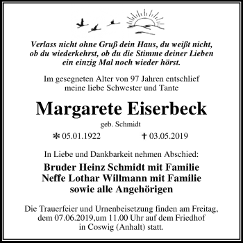 Traueranzeige von Margarete Eiserbeck von WVG - Wochenspiegel Dessau / Köthen