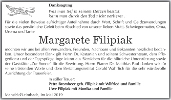 Traueranzeige von Margarete Filipiak von Wochenspiegel Mansfelder Land