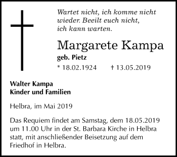 Traueranzeige von Margarete Kampa von Mitteldeutsche Zeitung