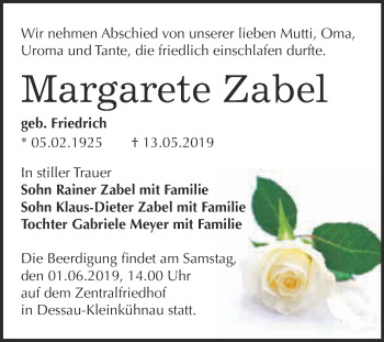 Traueranzeige von Margarete Zabel von WVG - Wochenspiegel Dessau / Köthen