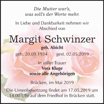 Traueranzeige von Margit Schwinzer von Super Sonntag SGH Mansf. Land