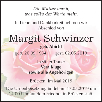 Traueranzeige von Margit Schwinzer von Mitteldeutsche Zeitung Sangerhausen