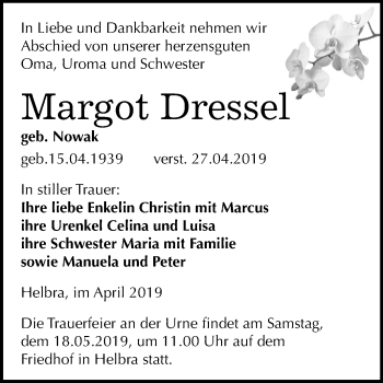 Traueranzeige von Margot Dressel von Mitteldeutsche Zeitung Mansfelder Land