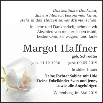 Traueranzeige von Margot Haffner von WVG - Wochenspiegel Wittenberg