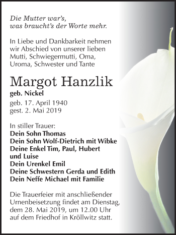 Traueranzeige von Margot Hanzlik von Mitteldeutsche Zeitung Halle/Saalkreis