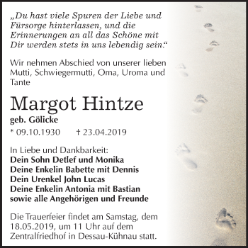 Traueranzeige von Margot Hintze von Mitteldeutsche Zeitung