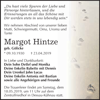 Traueranzeige von Margot Hintze von WVG - Wochenspiegel Dessau / Köthen