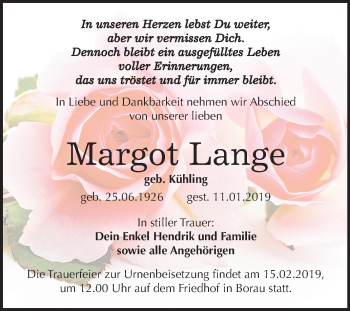 Traueranzeige von Margot Lange von Mitteldeutsche Zeitung Weißenfels