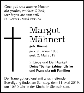 Traueranzeige von Margot Mähnert von Mitteldeutsche Zeitung Halle/Saalkreis