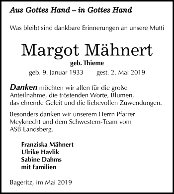 Traueranzeige von Margot Mähnert von Mitteldeutsche Zeitung