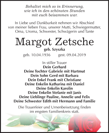 Traueranzeige von Margot Zetsche von Mitteldeutsche Zeitung