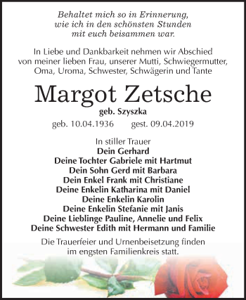 Traueranzeige von Margot Zetsche von WVG - Wochenspiegel Wittenberg