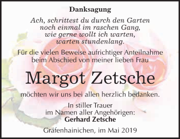 Traueranzeige von Margot Zetsche von WVG - Wochenspiegel Wittenberg