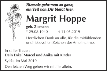 Traueranzeige von Margrit Hoppe von Super Sonntag SGH Mansf. Land