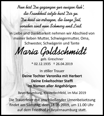 Traueranzeige von Maria Goldschmidt von Mitteldeutsche Zeitung Sangerhausen