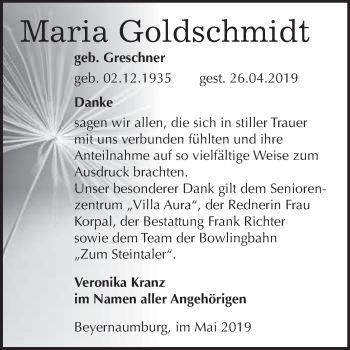 Traueranzeige von Maria Goldschmidt von Super Sonntag SGH Mansf. Land