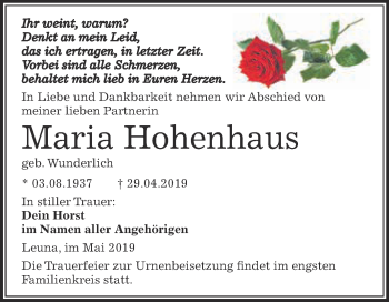 Traueranzeige von Maria Hohenhaus von Super Sonntag Merseburg