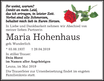 Traueranzeige von Maria Hohenhaus von Mitteldeutsche Zeitung