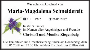 Traueranzeige von Maria-Magdalena Schneidereit von WVG - Wochenspiegel Dessau / Köthen