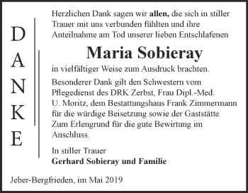 Traueranzeige von Maria Sobieray von WVG - Wochenspiegel Dessau / Köthen