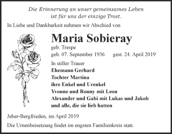 Traueranzeige von Maria Sobieray von WVG - Wochenspiegel Dessau / Köthen