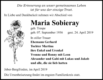 Traueranzeige von Maria Sobieray von Mitteldeutsche Zeitung