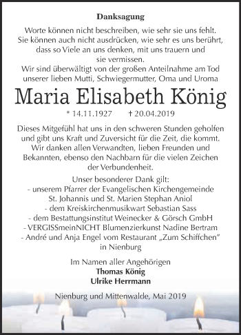 Traueranzeige von Maria Elisabeth König von Super Sonntag Bernburg