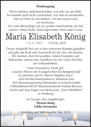 Traueranzeige von Maria Elisabeth König von Mitteldeutsche Zeitung