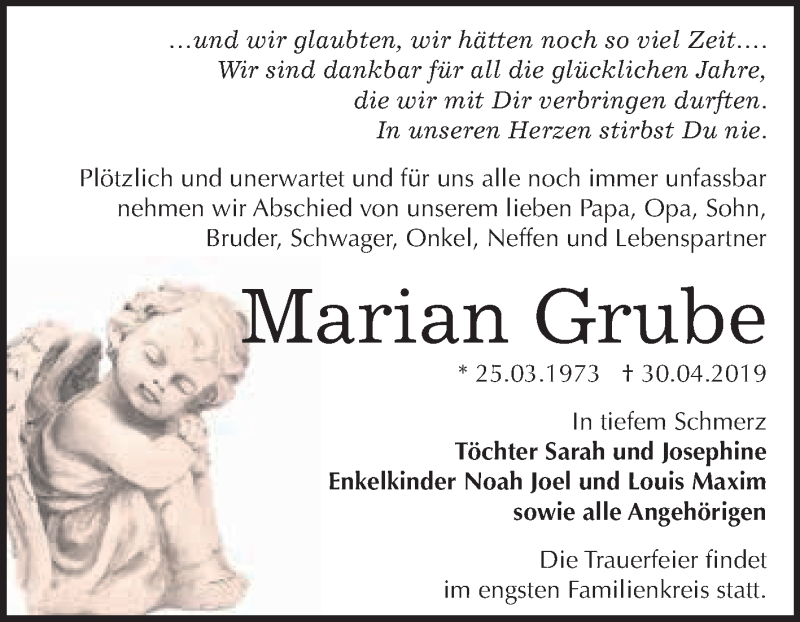  Traueranzeige für Marian Grube vom 15.05.2019 aus WVG - Wochenspiegel Bitterfeld