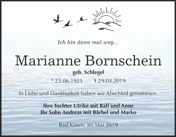 Traueranzeige von Marianne Bornschein von WVG - Wochenspiegel NMB / WSF / ZTZ