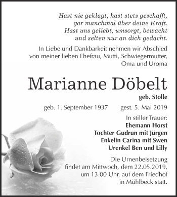 Traueranzeige von Marianne Döbelt von WVG - Wochenspiegel Bitterfeld