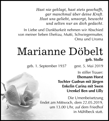 Traueranzeige von Marianne Döbelt von Mitteldeutsche Zeitung Bitterfeld