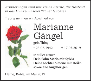 Traueranzeige von Marianne Gängel von Super Sonntag SGH Mansf. Land
