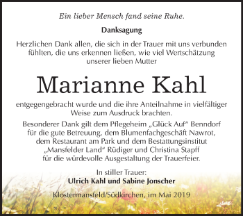 Traueranzeige von Marianne Kahl von Mitteldeutsche Zeitung