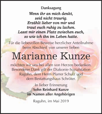 Traueranzeige von Marianne Kunze von WVG - Wochenspiegel Bitterfeld