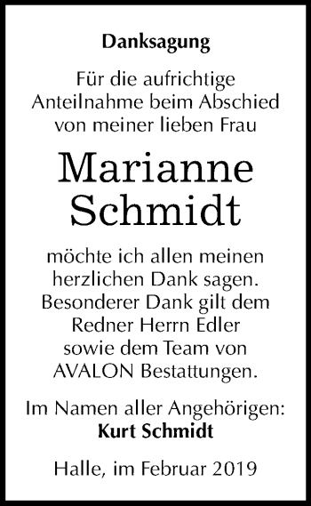 Traueranzeige von Marianne Schmidt von Mitteldeutsche Zeitung Halle/Saalkreis