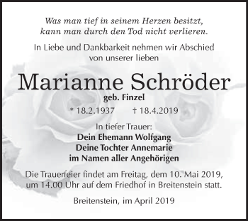 Traueranzeige von Marianne Schröder von Super Sonntag SGH Mansf. Land