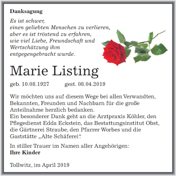 Traueranzeige von Marie Listing von Mitteldeutsche Zeitung Merseburg/Querfurt
