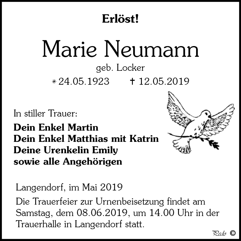  Traueranzeige für Marie Neumann vom 20.05.2019 aus WVG - Wochenspiegel NMB / WSF / ZTZ