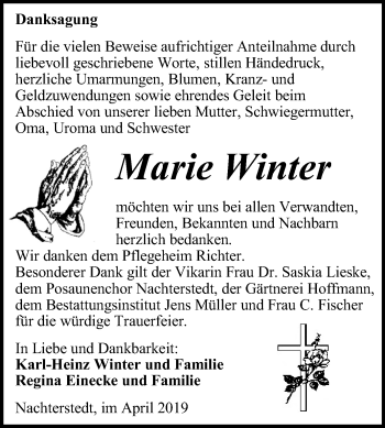 Traueranzeige von Marie Winter von Super Sonntag Aschersleben